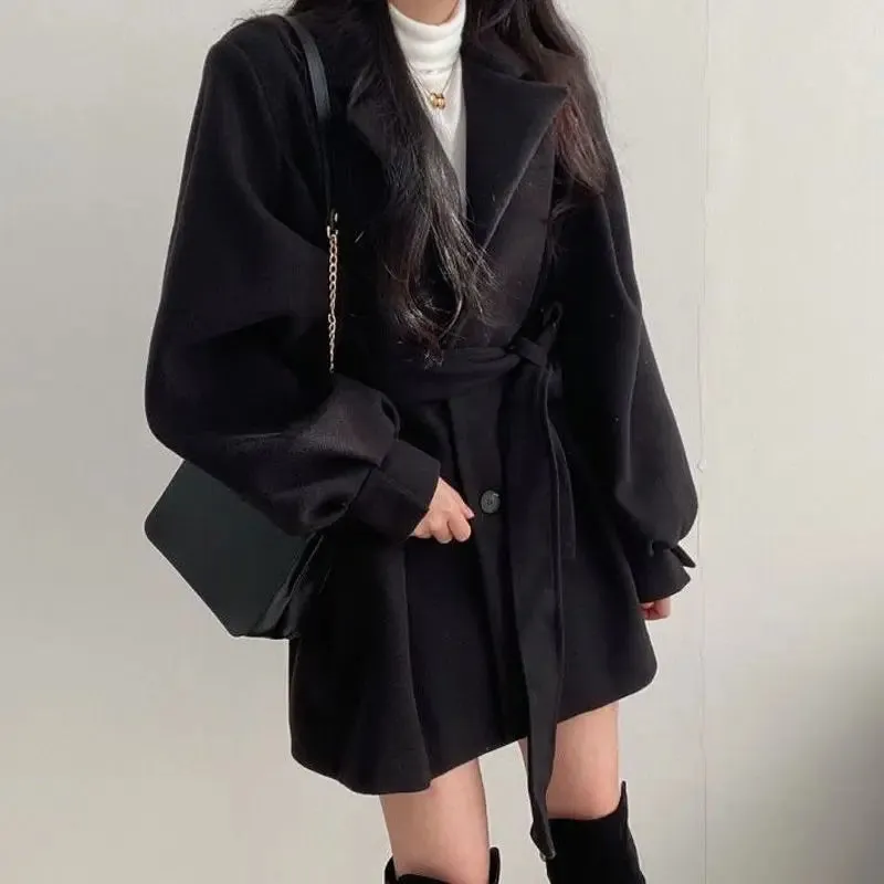 Hnewly WINTER OUTFIT Black Trench Coat for Women Aesthetic Long Wool Blends Winter Clothing Puffer Woman Coats New Clothes Korean Jackets Female Thic