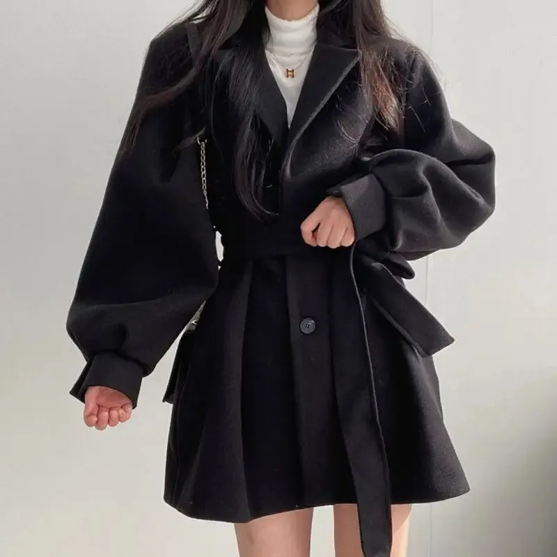 Hnewly WINTER OUTFIT Black Trench Coat for Women Aesthetic Long Wool Blends Winter Clothing Puffer Woman Coats New Clothes Korean Jackets Female Thic