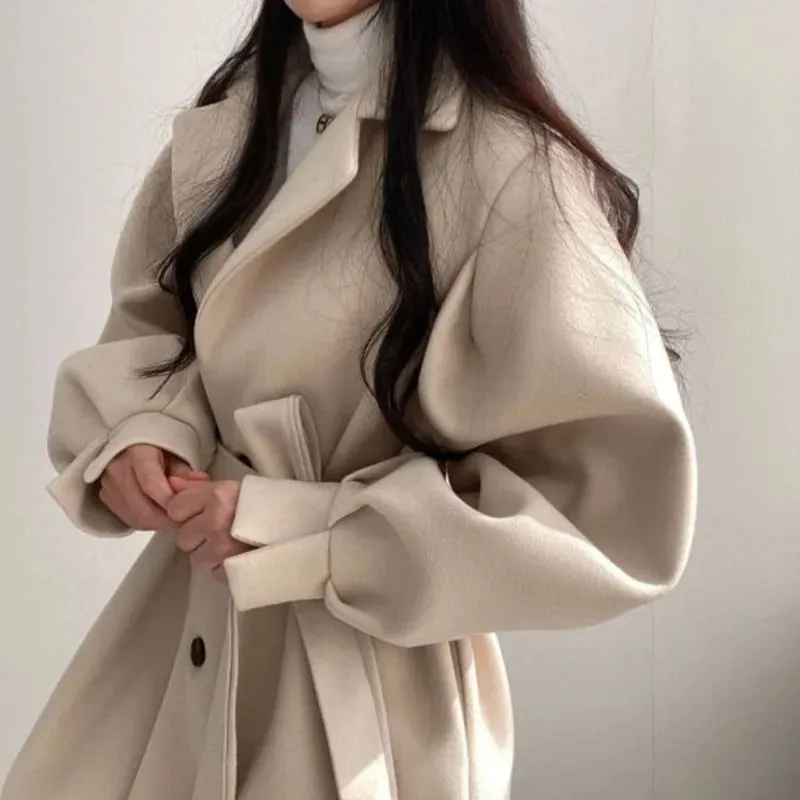 Hnewly WINTER OUTFIT Black Trench Coat for Women Aesthetic Long Wool Blends Winter Clothing Puffer Woman Coats New Clothes Korean Jackets Female Thic