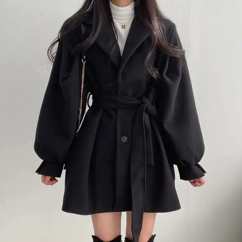 Hnewly WINTER OUTFIT Black Trench Coat for Women Aesthetic Long Wool Blends Winter Clothing Puffer Woman Coats New Clothes Korean Jackets Female Thic