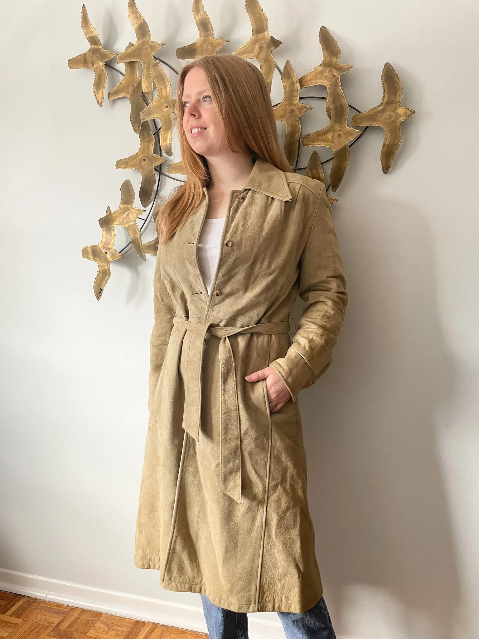 JJ Vintage Beige Suede Trench Dress Jacket - Small