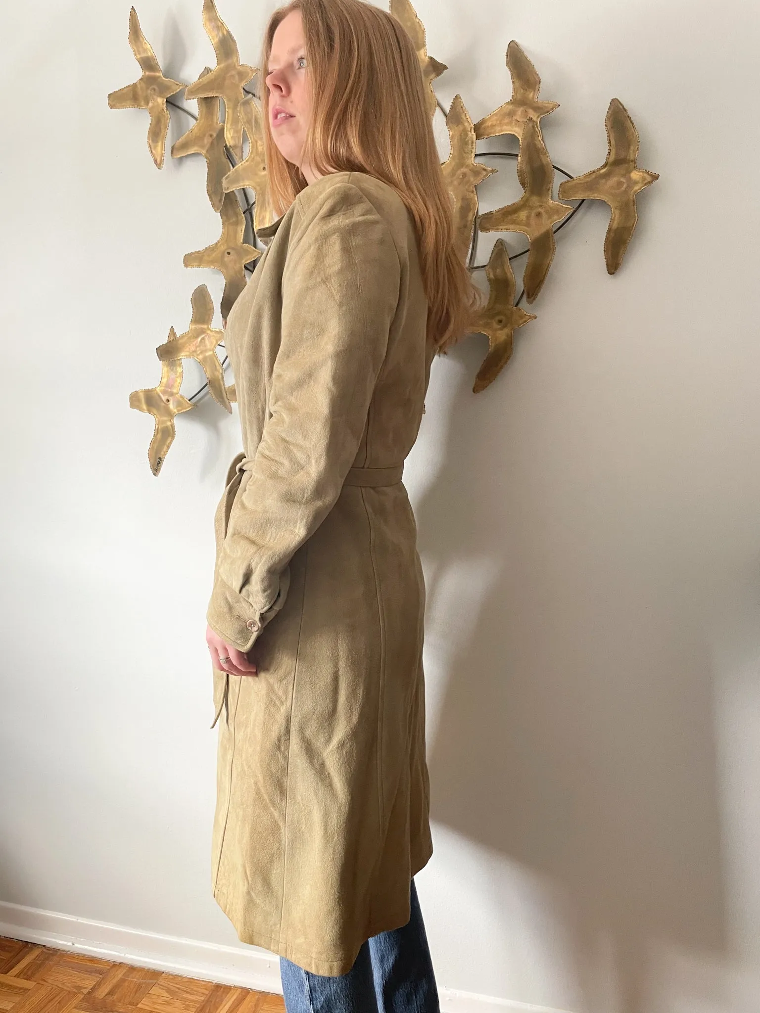 JJ Vintage Beige Suede Trench Dress Jacket - Small