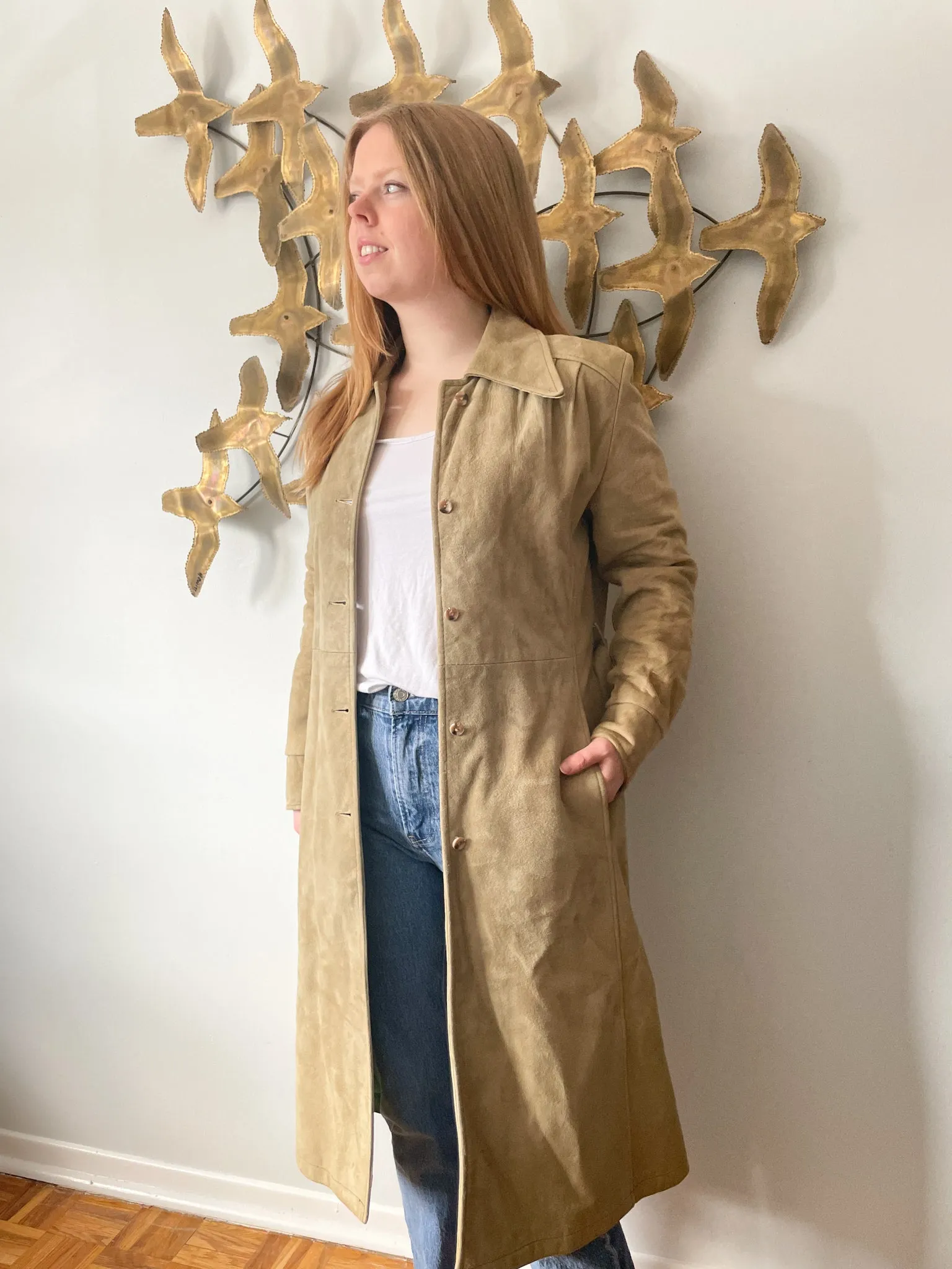 JJ Vintage Beige Suede Trench Dress Jacket - Small