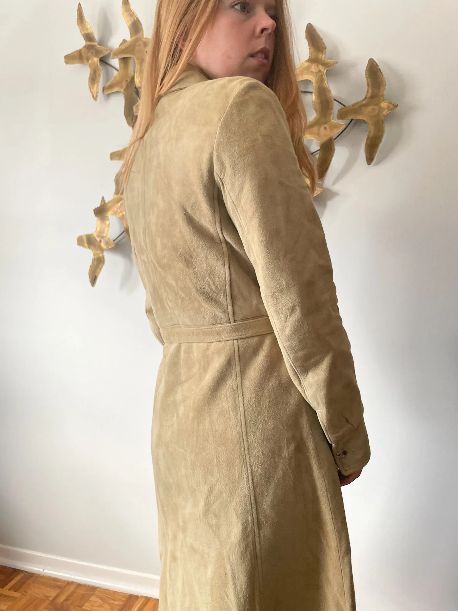 JJ Vintage Beige Suede Trench Dress Jacket - Small