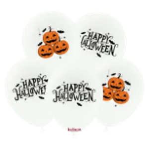 Kalisan 12" Happy Halloween Pumpkin White Printed Latex Balloon, 25 pieces