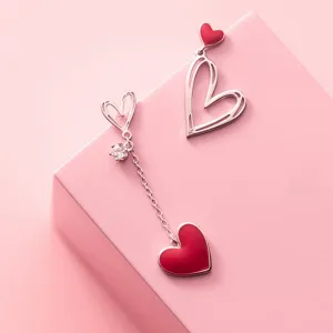 Korean New Asymmetric Red Heart Stud Earrings For Women Creative Hollow ECG Tassel Zircon Pearl Earrings Girl Party Jewelry Gift