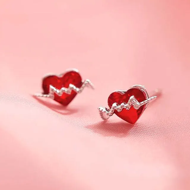 Korean New Asymmetric Red Heart Stud Earrings For Women Creative Hollow ECG Tassel Zircon Pearl Earrings Girl Party Jewelry Gift