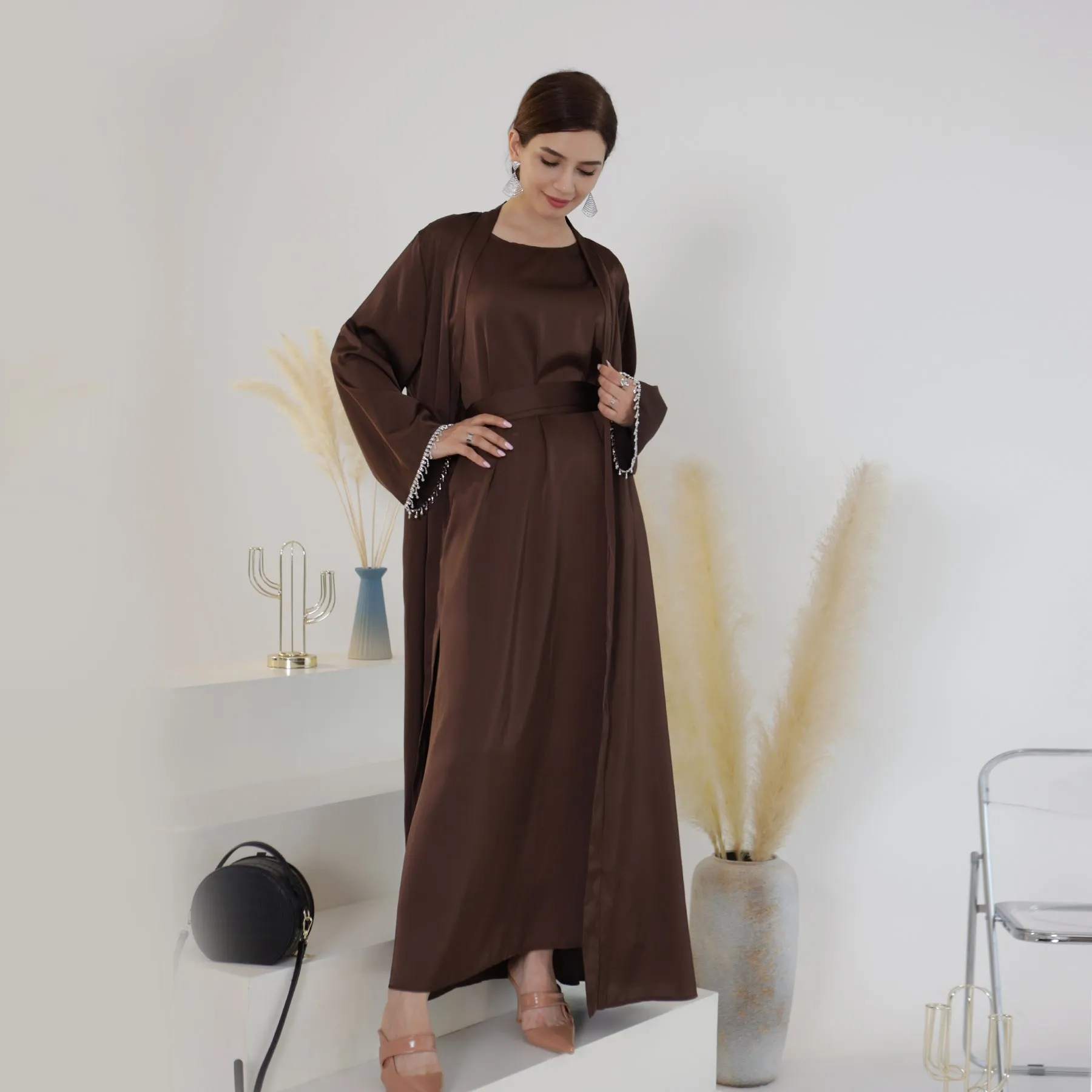 LR627 LR635 Amazon Dubai Spring and Summer Daily Solid Color Bead Suit Dress Robe