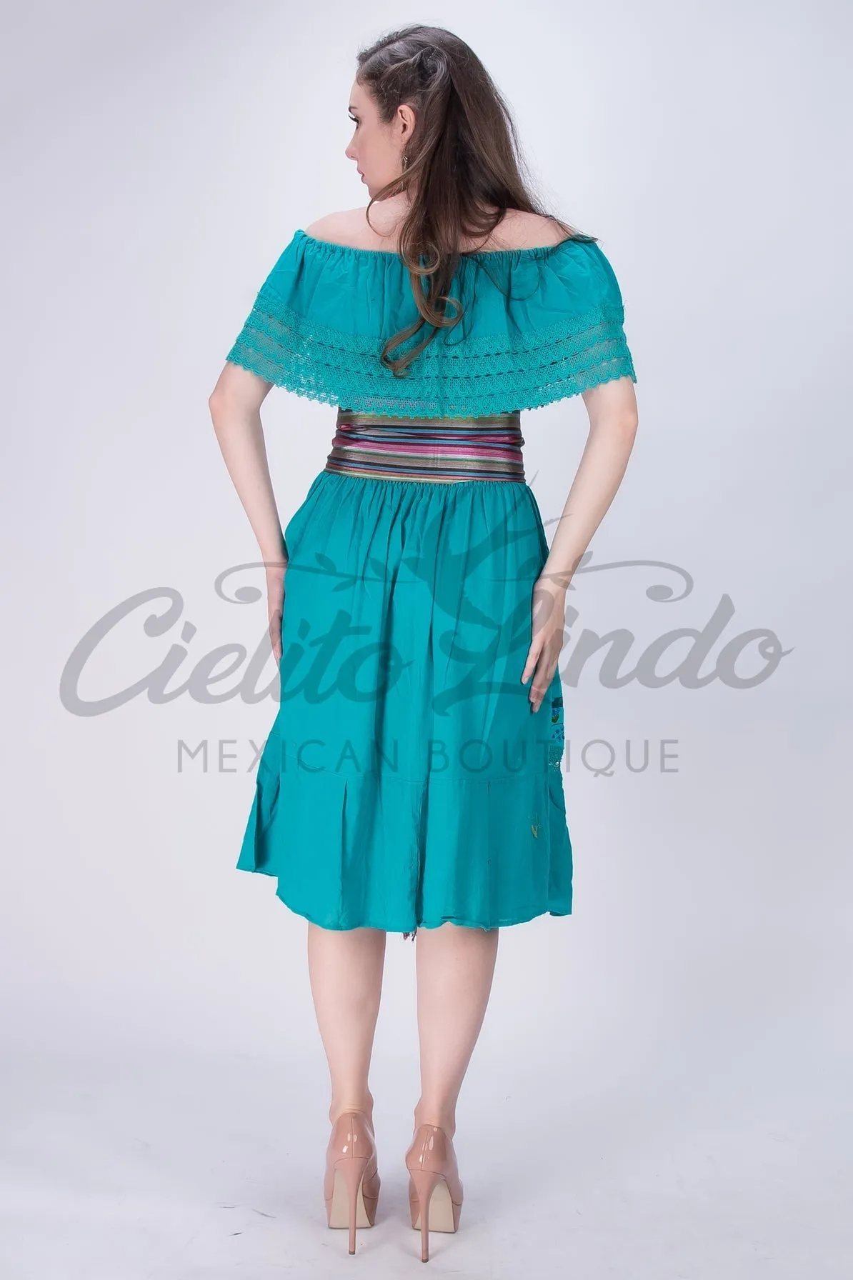 Mexican Campesina Midi Dress Teal