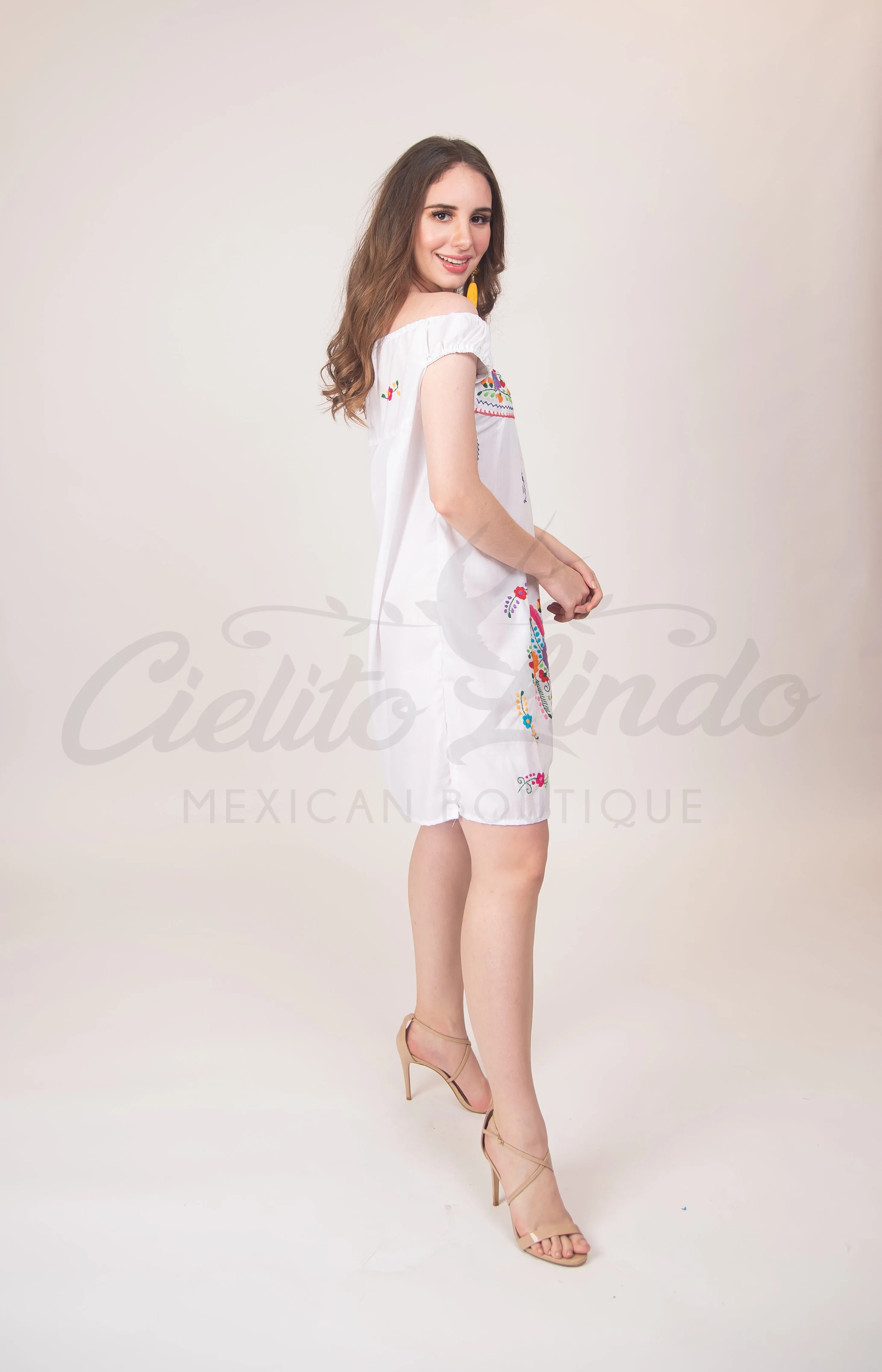 Mexican Floral Embroidered Off the Shoulder Dress Evelia White