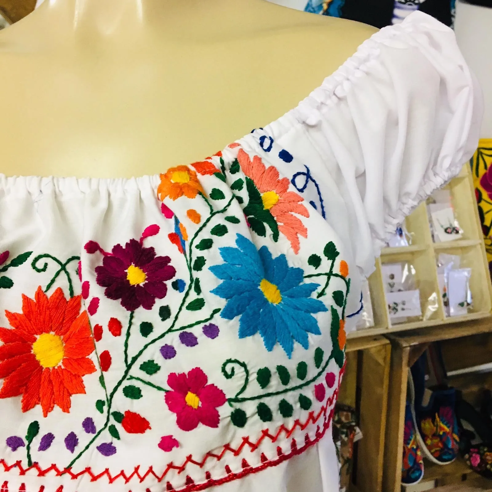 Mexican Floral Embroidered Off the Shoulder Dress Evelia White