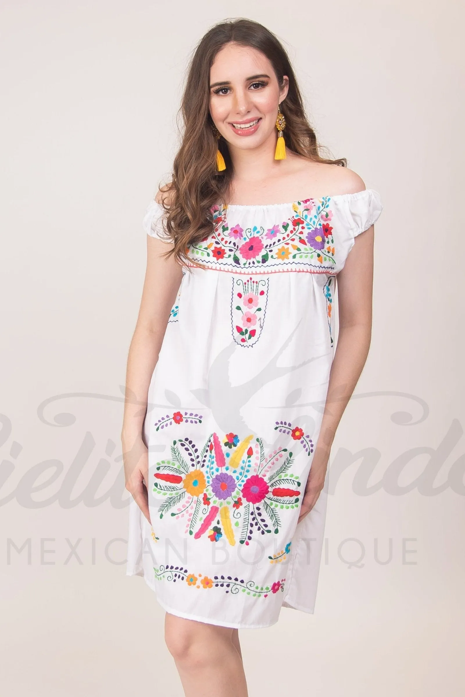 Mexican Floral Embroidered Off the Shoulder Dress Evelia White