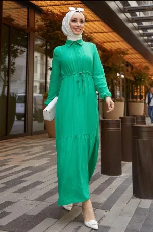 Modest Abaya Dress With Tunnel Belt - Green