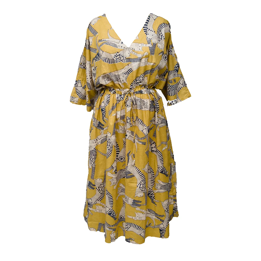 Mustard Egyptian Cats Cotton Maxi Dress UK Size 18-32 M169