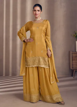 Mustard Embroidered Chinnon Silk Designer Sharara Suit