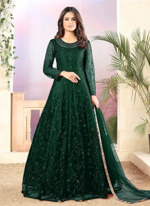 Net Dark Green A Line Embroidered Anarkali Suit