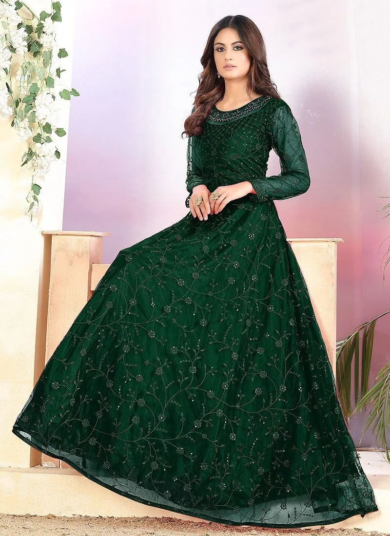 Net Dark Green A Line Embroidered Anarkali Suit