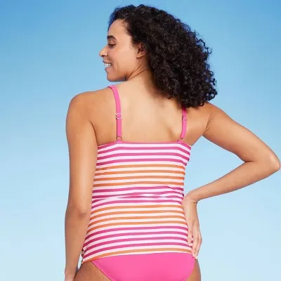 New - Lands' End Women's UPF 50 Twist-Front Underwire Tankini Top - Pink/Orange 8