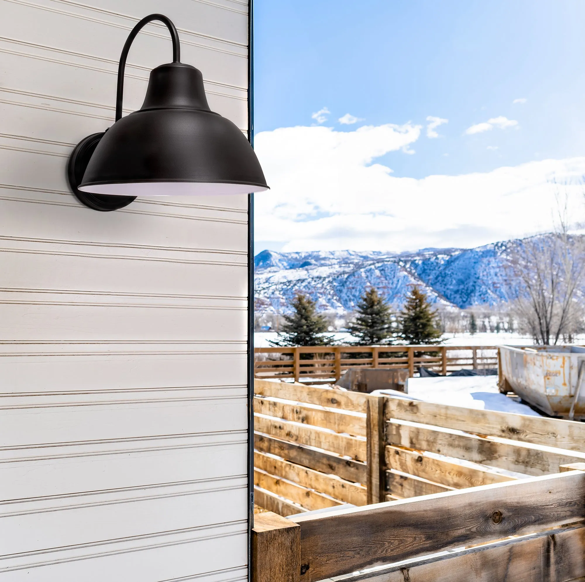 Oakhouse Dusk to Dawn 11.5” Barn or Farmhouse Wall Light, Wet Location, White Reflective Interior, Black, Galvanize or Rustic Bronze Finish Available