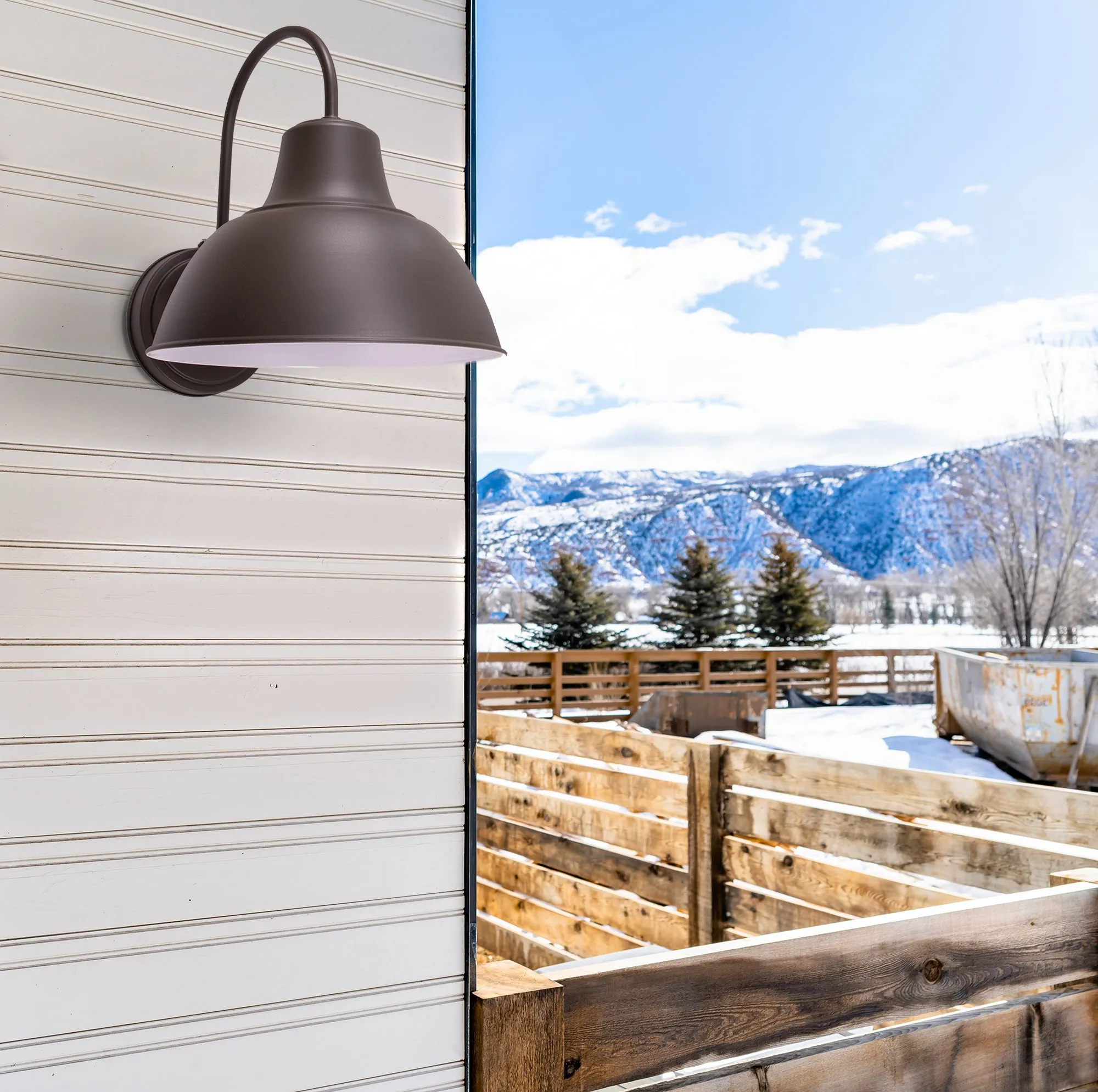 Oakhouse Dusk to Dawn 11.5” Barn or Farmhouse Wall Light, Wet Location, White Reflective Interior, Black, Galvanize or Rustic Bronze Finish Available