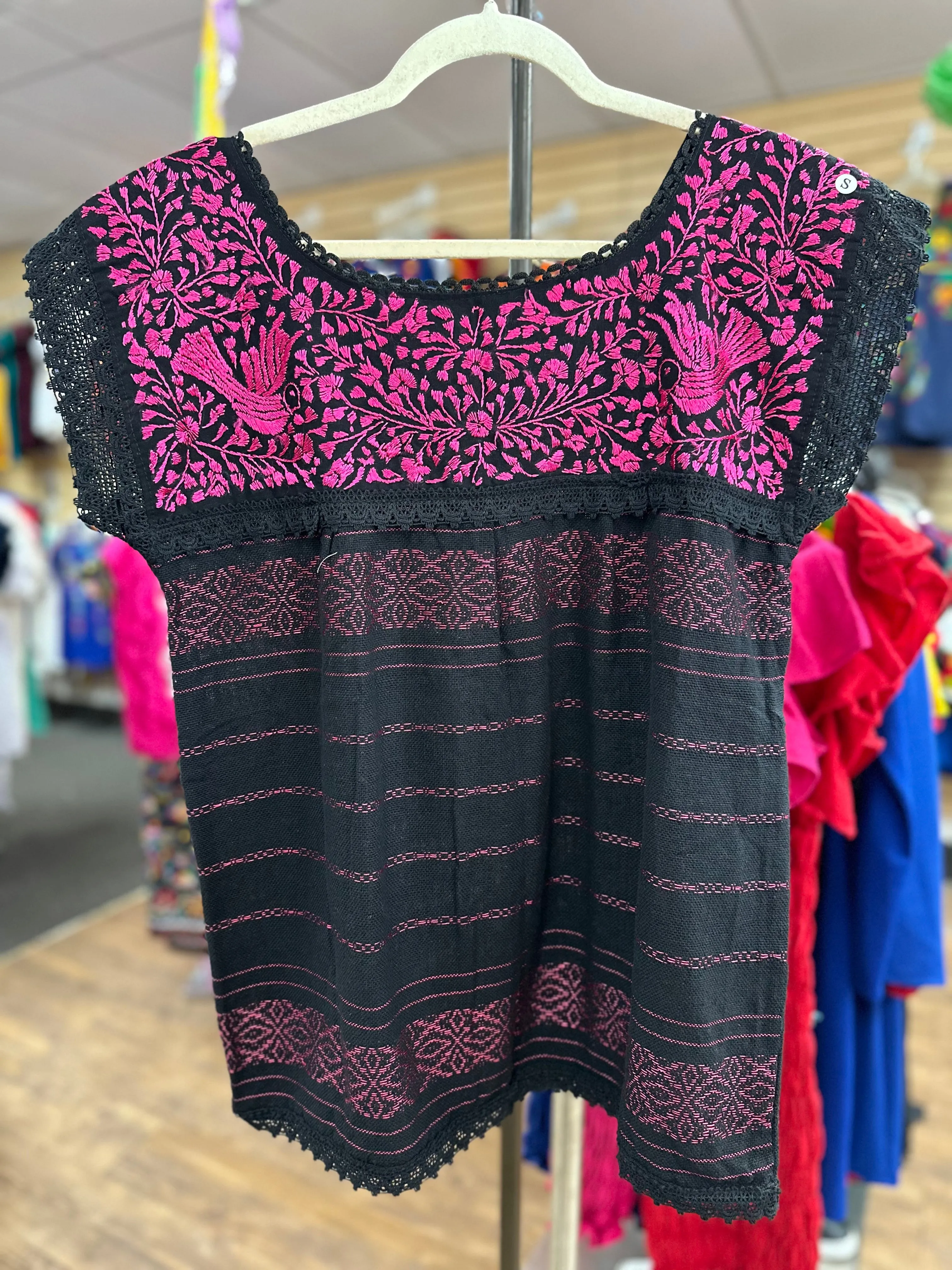 Oaxaca Paloma Blouse Black with Hot Pink