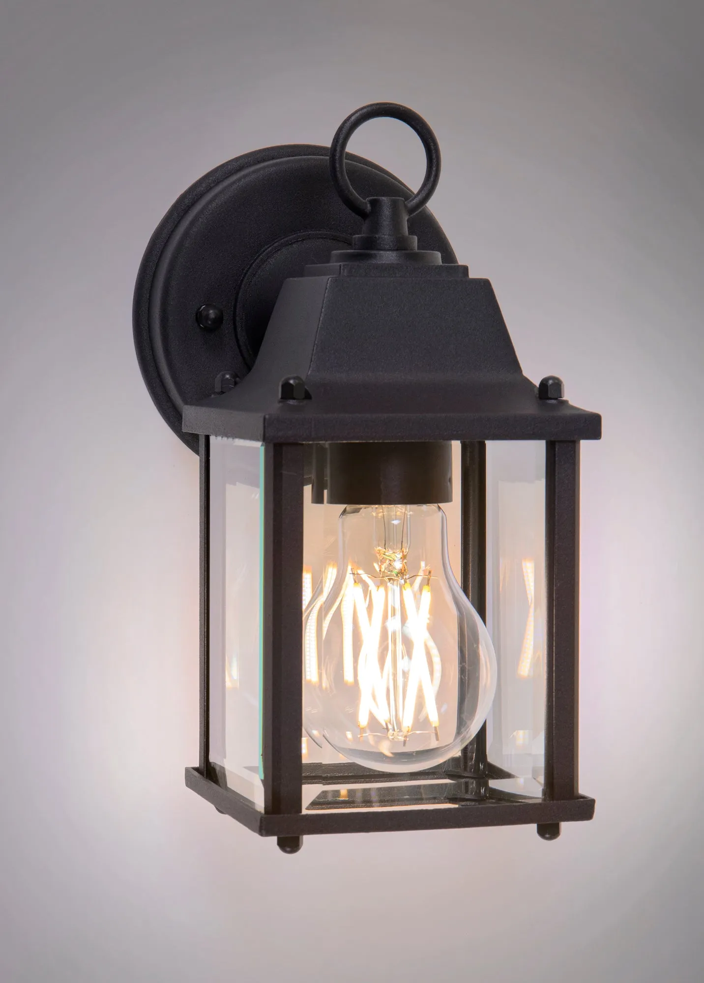 Outdoor Cast Square Wall Porch Light, E26 Medium Base Socket, Wet Location, Beveled Glass, Black or White Finish Available