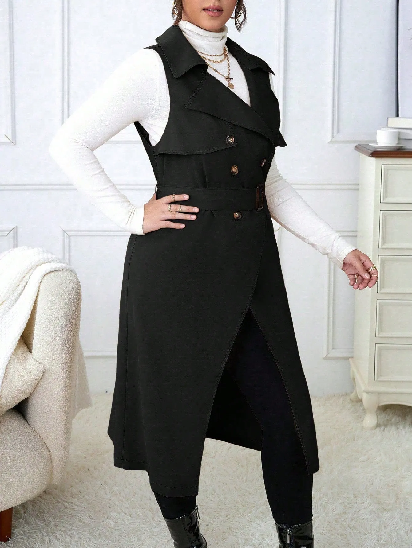 Plus Size Suit Collar Belted Vest Trench Coat