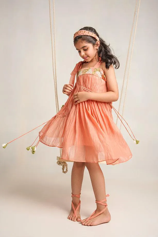 Poco Loco-Peach Chanderi Silk Hand Embroidered Tie-up Dress for Girls