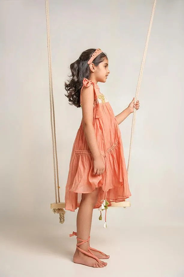 Poco Loco-Peach Chanderi Silk Hand Embroidered Tie-up Dress for Girls