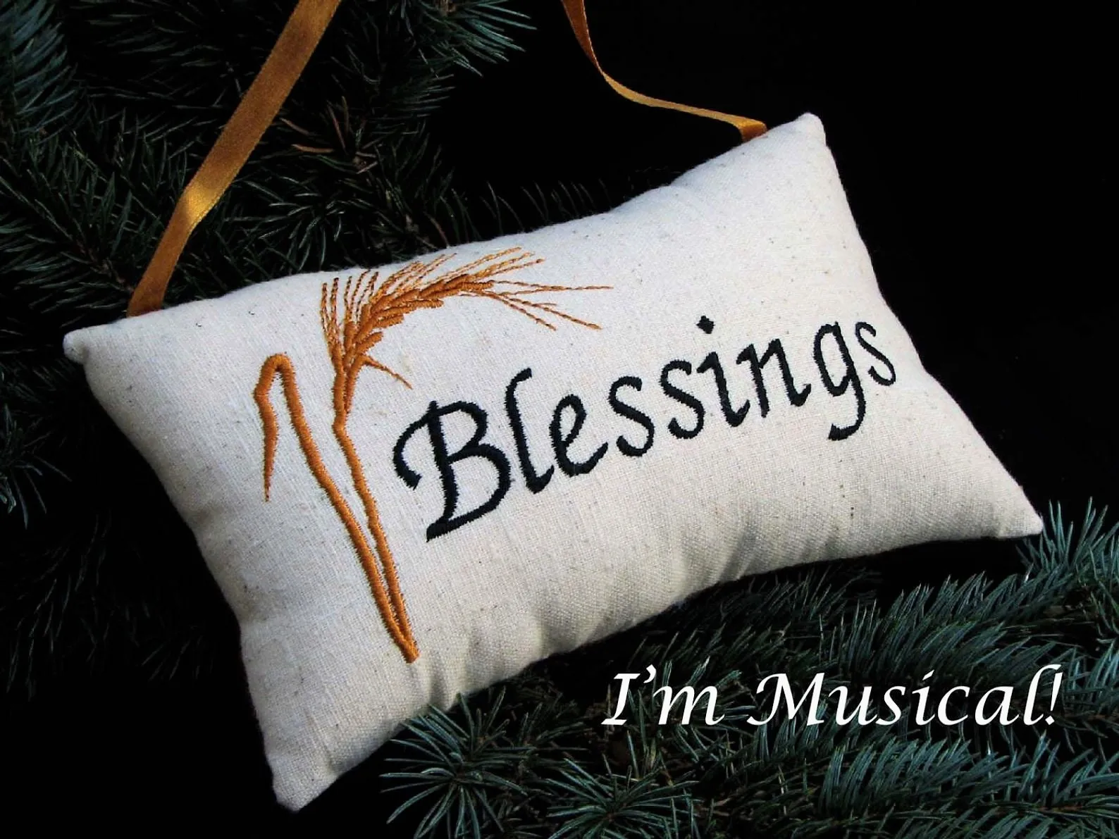 Simple Wheat Stalk Music Box Pillow -- Personalized Embroidered MUSICAL Keepsake -- Blessings -- Housewarming