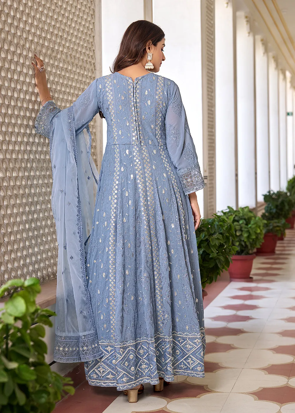 Slit Style Blue Embroidered Wedding Festive Anarkali Suit