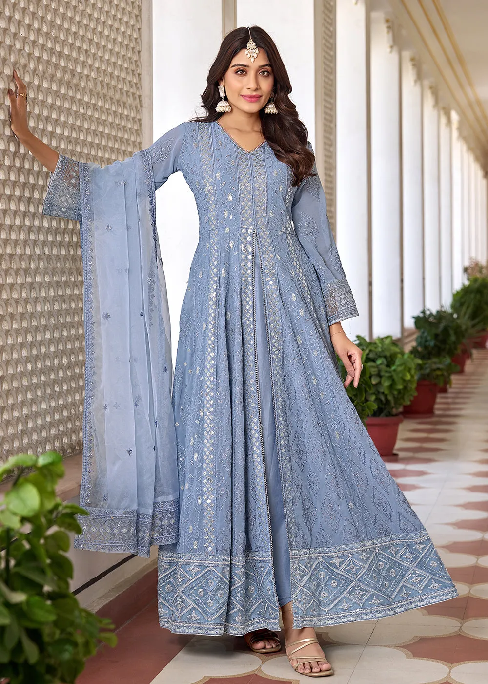 Slit Style Blue Embroidered Wedding Festive Anarkali Suit