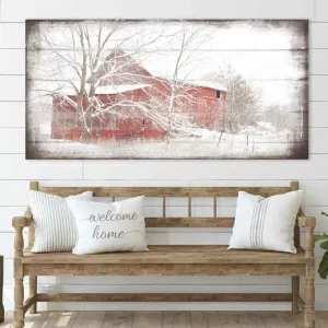 Snowy Red Barn Rustic Farmhouse Wall Art on Canvas