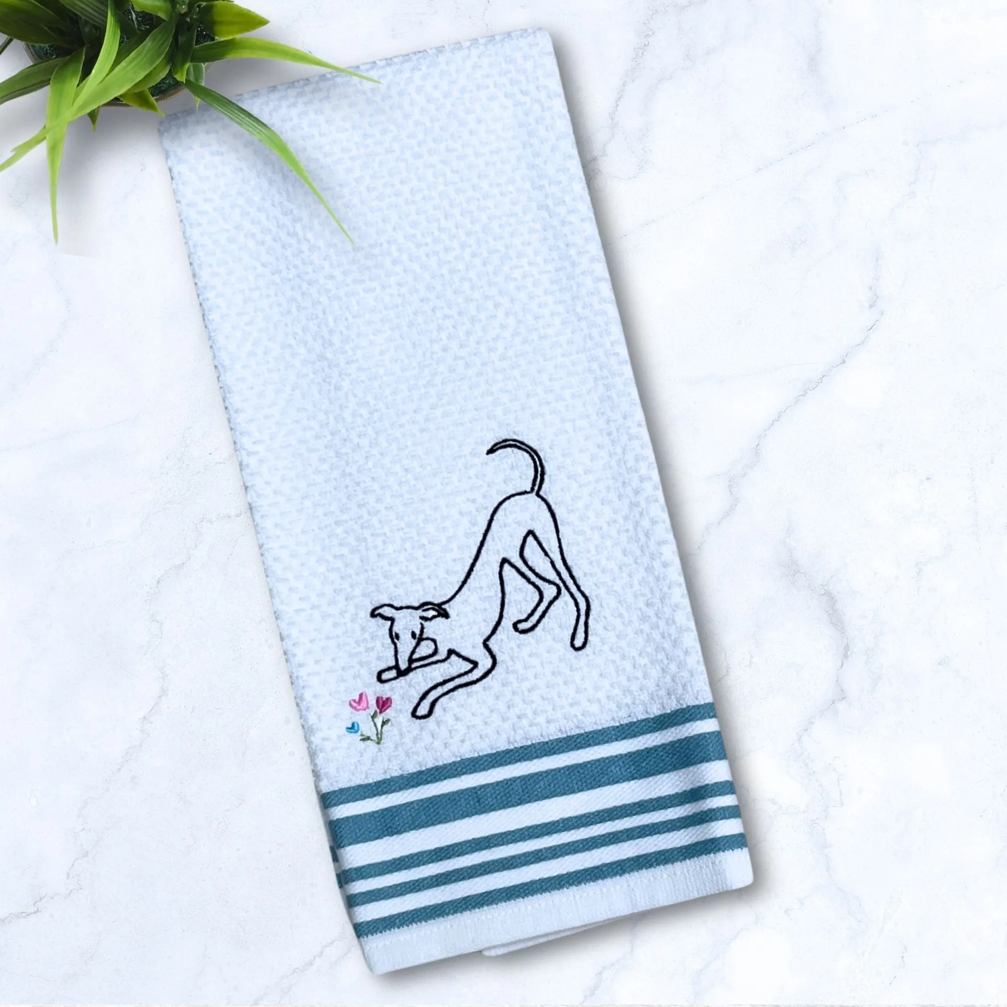 Spring Has Sprung Greyhound Whippet Turquoise Stripes Kitchen Hand Towel