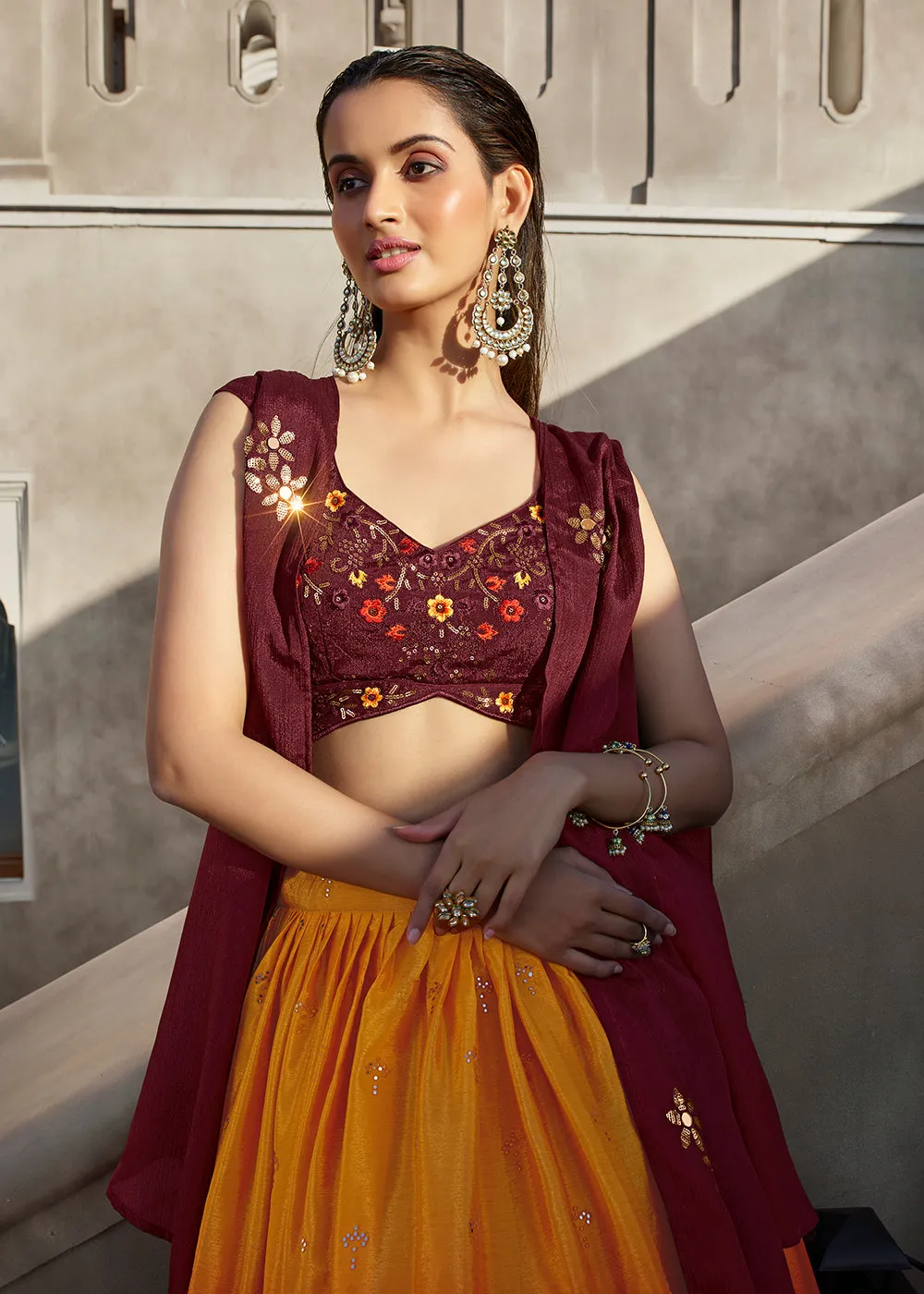 Stunning Orange Wine Embroidered Designer Lehenga Choli