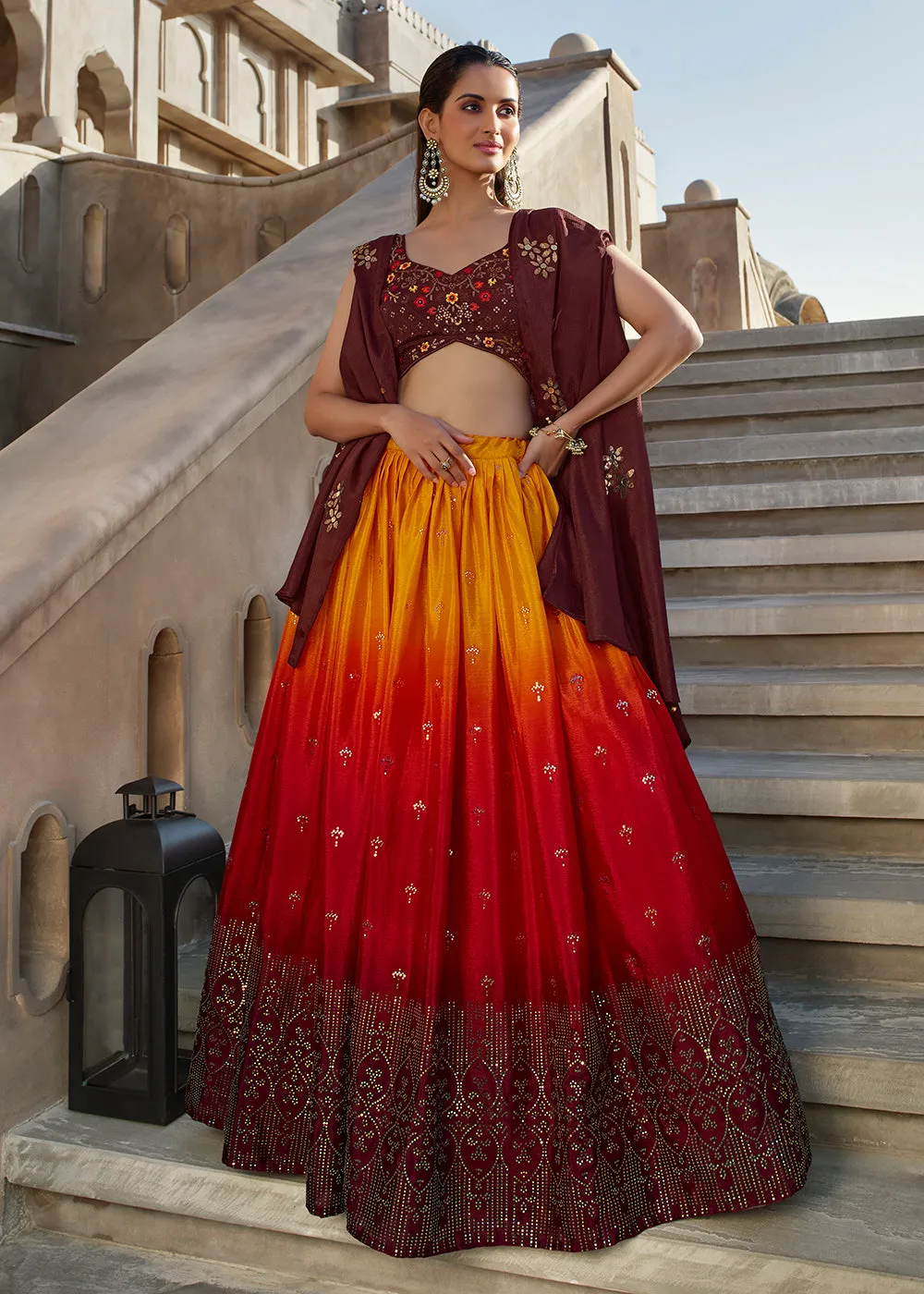 Stunning Orange Wine Embroidered Designer Lehenga Choli