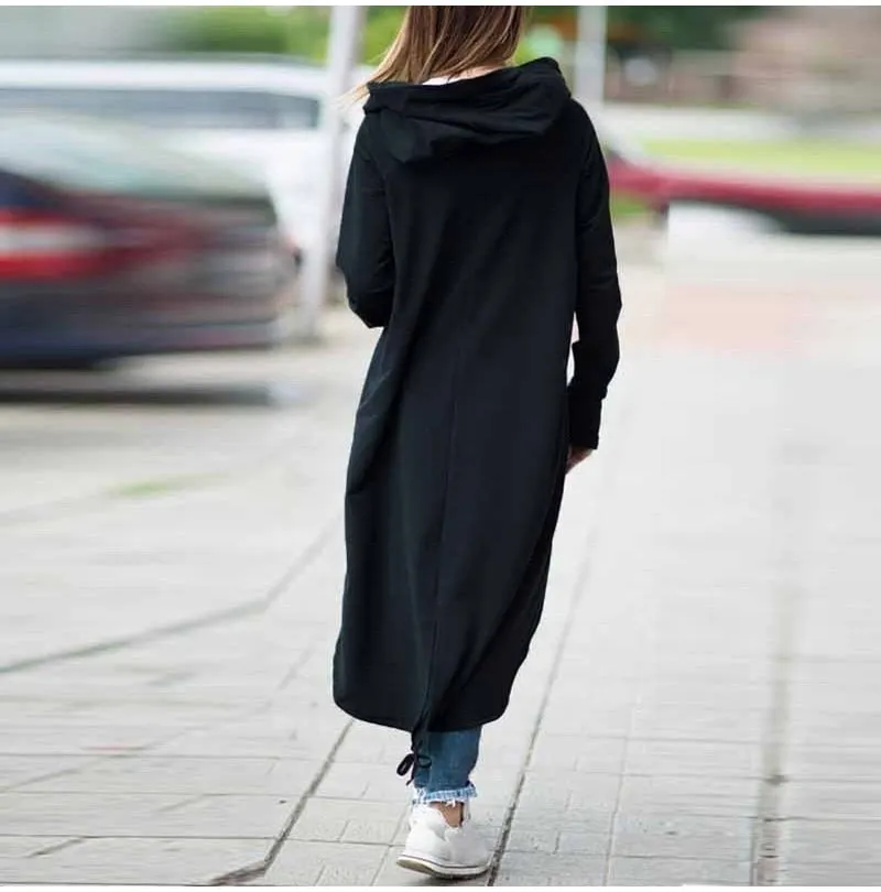 VenusFox Plus Size Long Sleeve Black Zipper Hooded Trench Coat