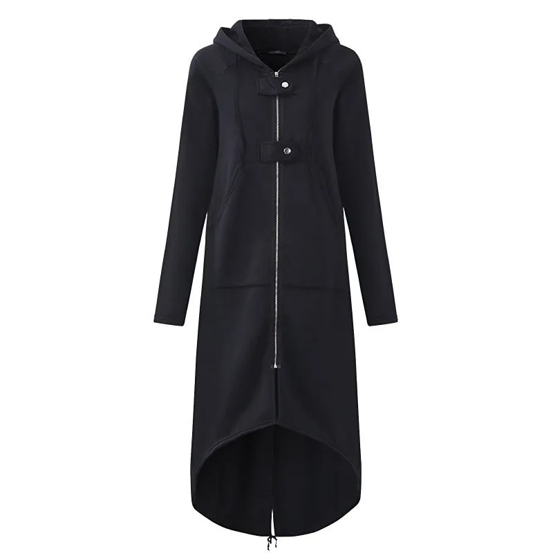 VenusFox Plus Size Long Sleeve Black Zipper Hooded Trench Coat