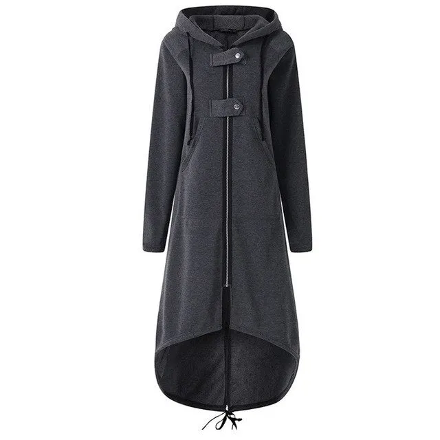 VenusFox Plus Size Long Sleeve Black Zipper Hooded Trench Coat