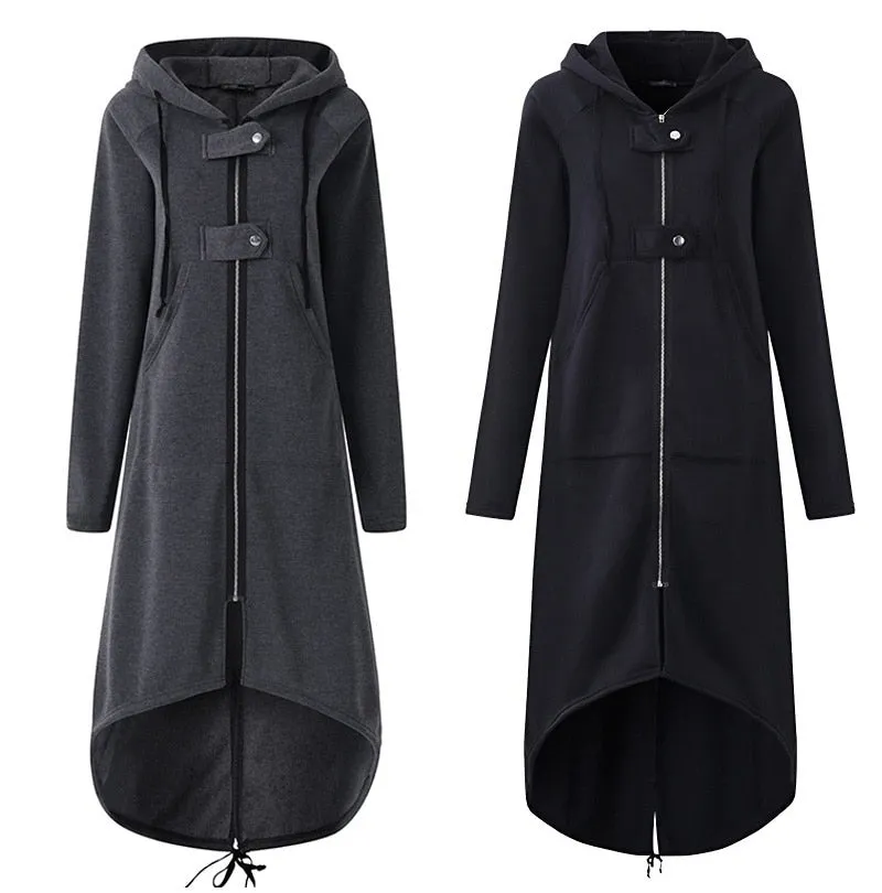 VenusFox Plus Size Long Sleeve Black Zipper Hooded Trench Coat