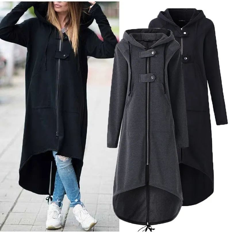 VenusFox Plus Size Long Sleeve Black Zipper Hooded Trench Coat