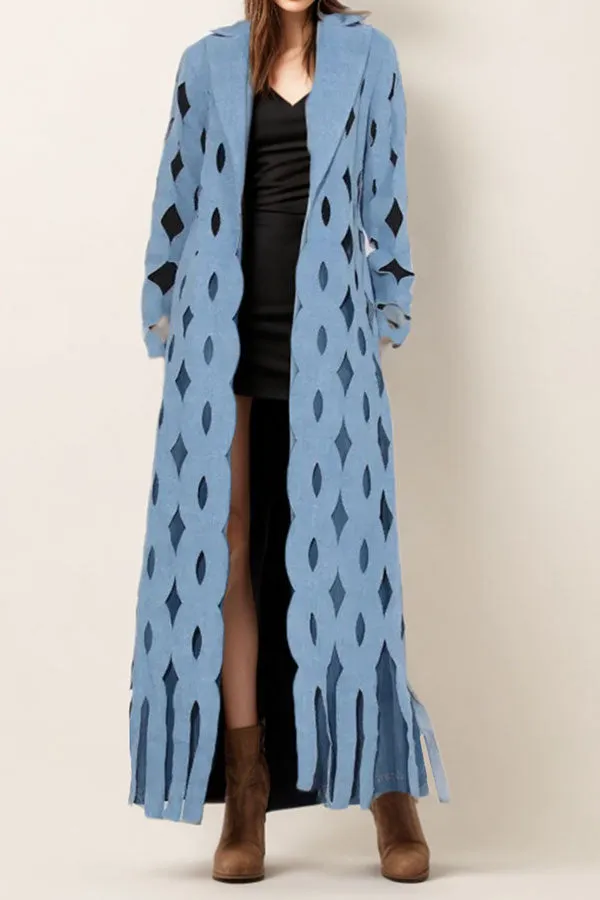 xiangtuibao Blue Denim Striking Twisted Cutout Design Tassel Trench Coat