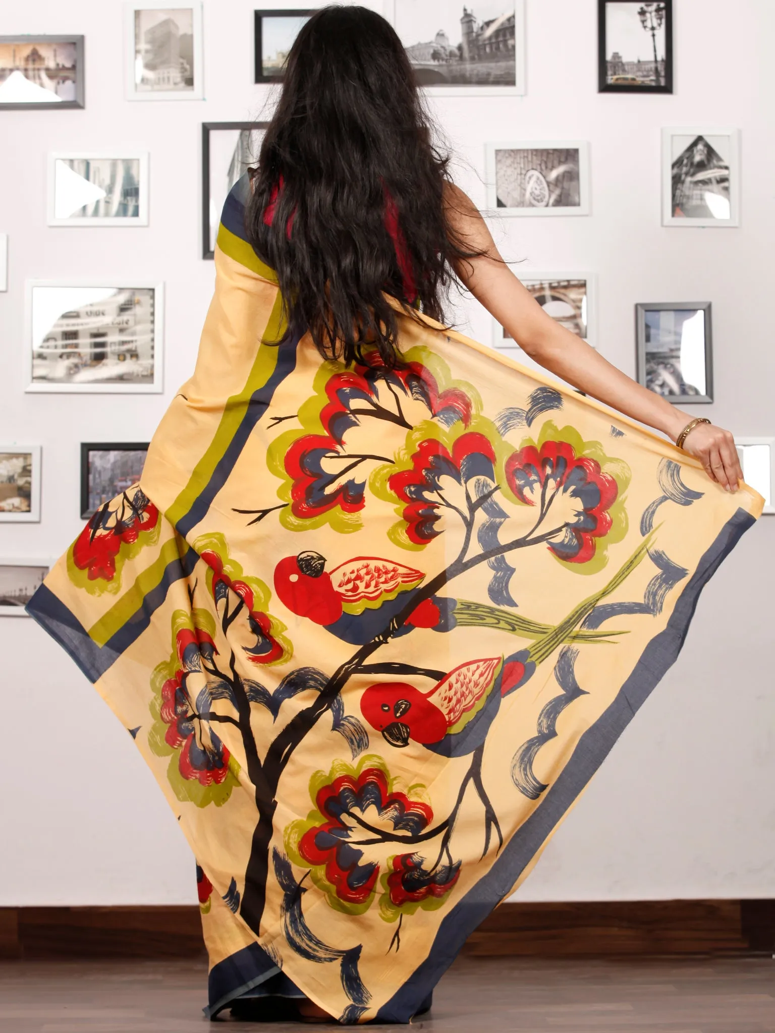 Yellow Black Red Olive Green Block Printed & Hand Painted Cotton Mul Saree - S031702928