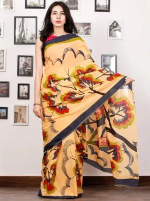 Yellow Black Red Olive Green Block Printed & Hand Painted Cotton Mul Saree - S031702928