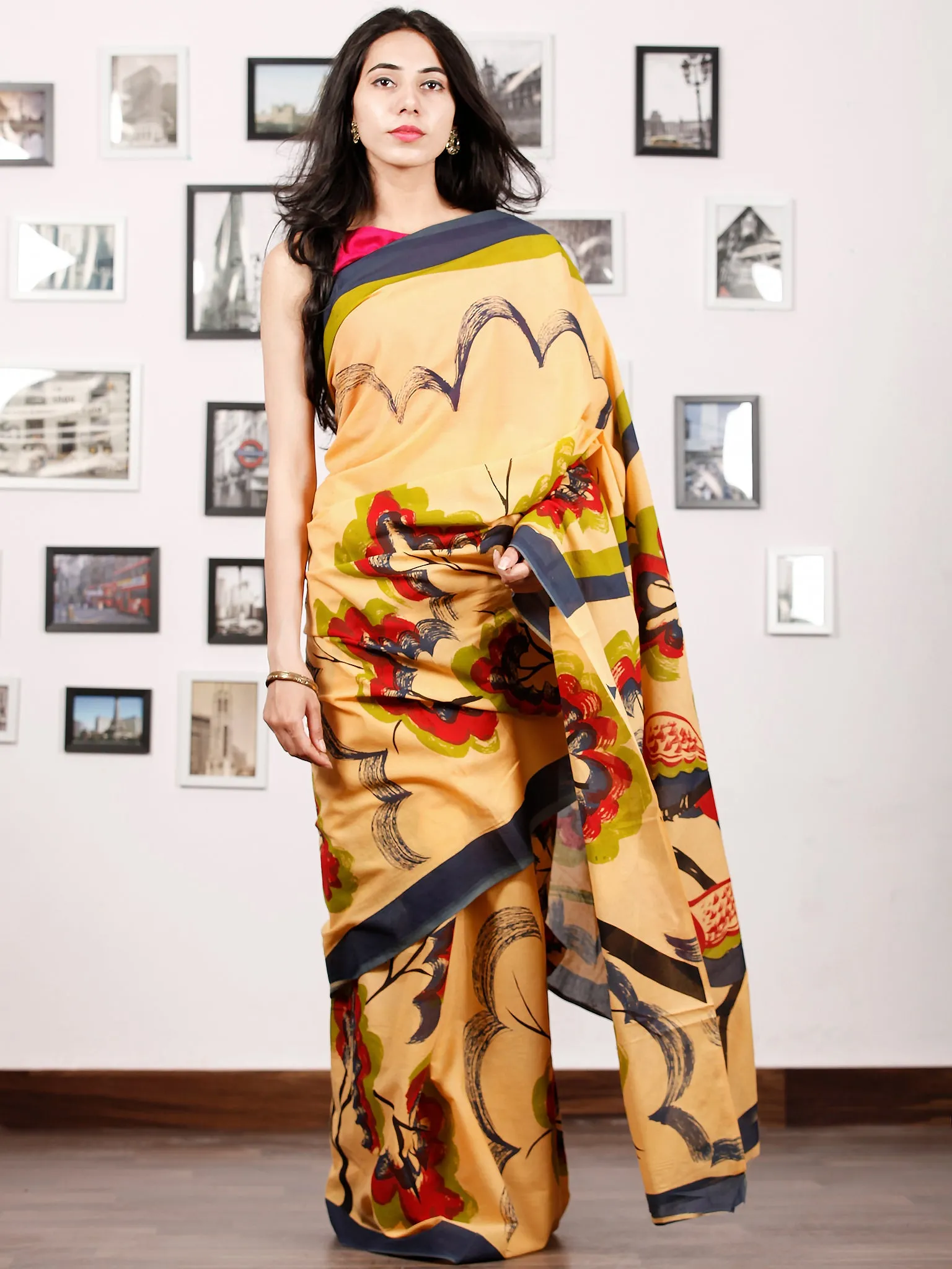 Yellow Black Red Olive Green Block Printed & Hand Painted Cotton Mul Saree - S031702928